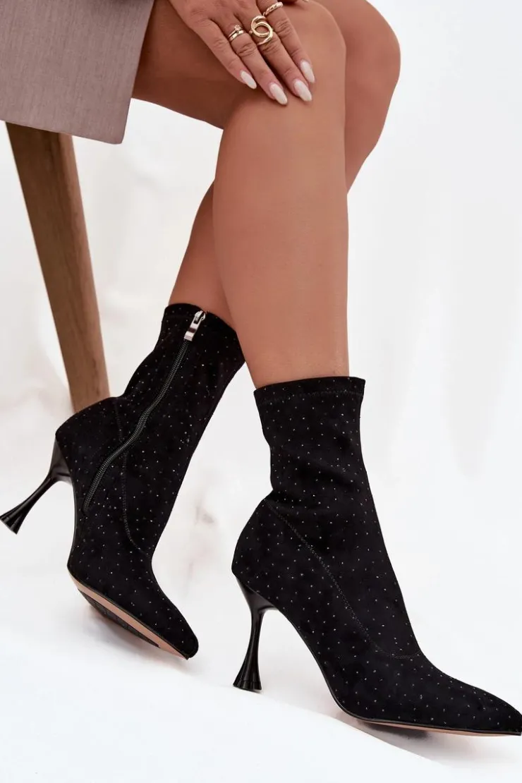 D&A Botki Na Obcasie|Botki Zamszowe*Zdobione Botki Damskie Na Szpilce JC52-882 Czarne