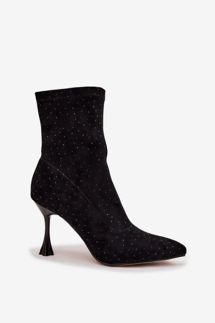 D&A Botki Na Obcasie|Botki Zamszowe*Zdobione Botki Damskie Na Szpilce JC52-882 Czarne