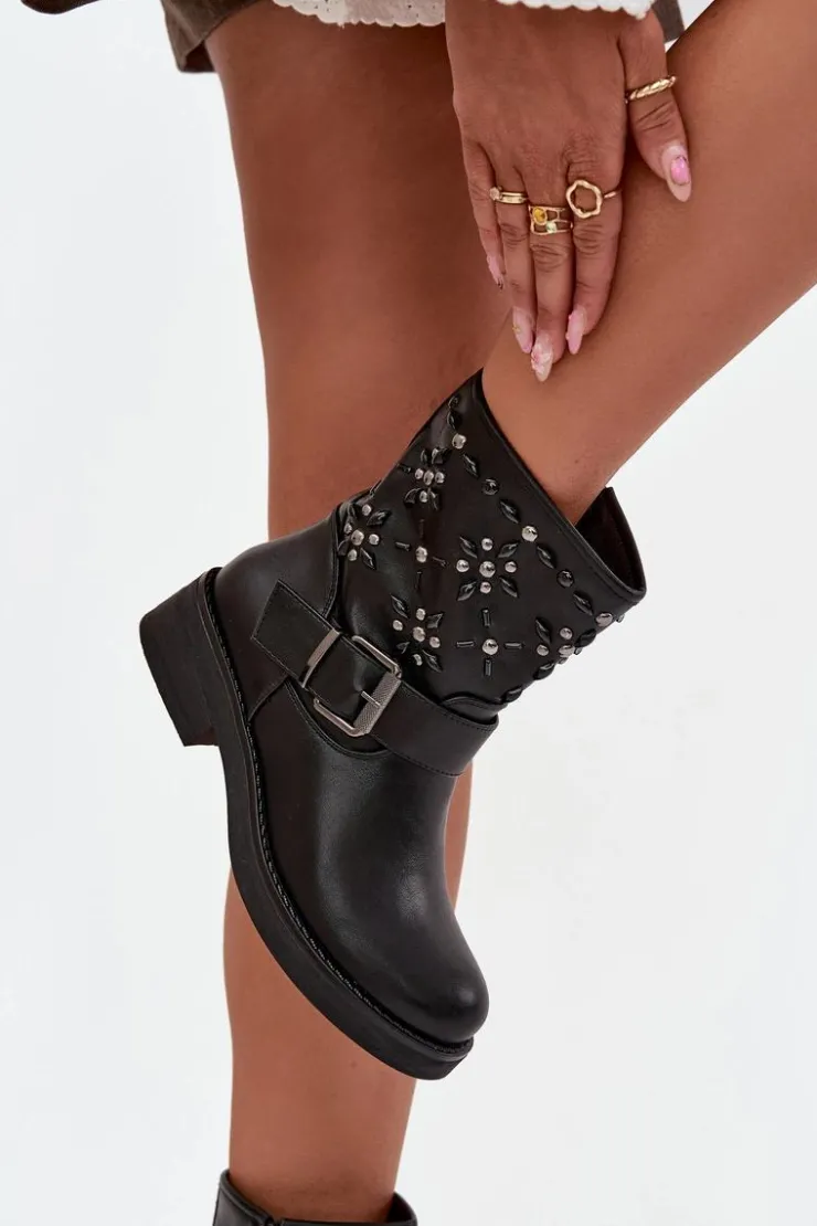 Boto Botki Ocieplane|Czarne Botki*Zdobione Botki Damskie Z Klamrą Czarne Mivana