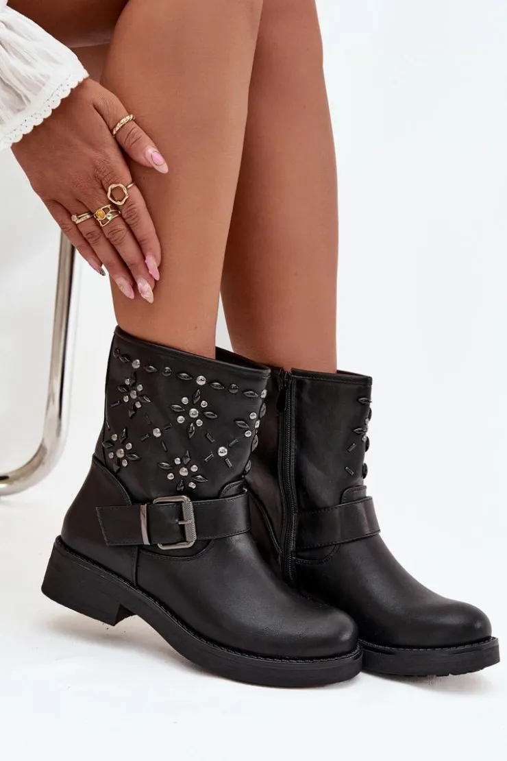 Boto Botki Ocieplane|Czarne Botki*Zdobione Botki Damskie Z Klamrą Czarne Mivana