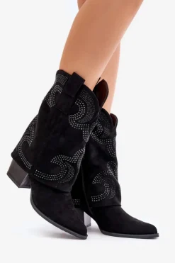 Damskie buty S.Barski Botki Na Słupku|Czarne Botki*Zdobione Botki Kowbojki Do Połowy Łydki Na Słupku S.Barski HY42-153 Czarne Czarny