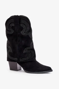 Damskie buty S.Barski Botki Na Słupku|Czarne Botki*Zdobione Botki Kowbojki Do Połowy Łydki Na Słupku S.Barski HY42-153 Czarne Czarny