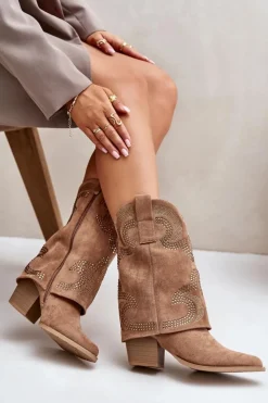 Damskie Damskie buty S.Barski Zdobione Botki Kowbojki Do Połowy Łydki Na Słupku S.Barski HY42-153 Camel