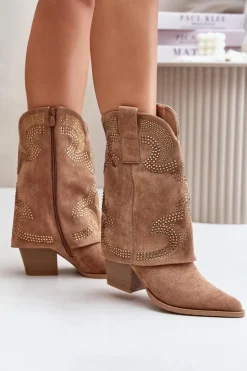 Damskie Damskie buty S.Barski Zdobione Botki Kowbojki Do Połowy Łydki Na Słupku S.Barski HY42-153 Camel