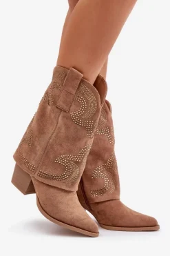 Damskie Damskie buty S.Barski Zdobione Botki Kowbojki Do Połowy Łydki Na Słupku S.Barski HY42-153 Camel