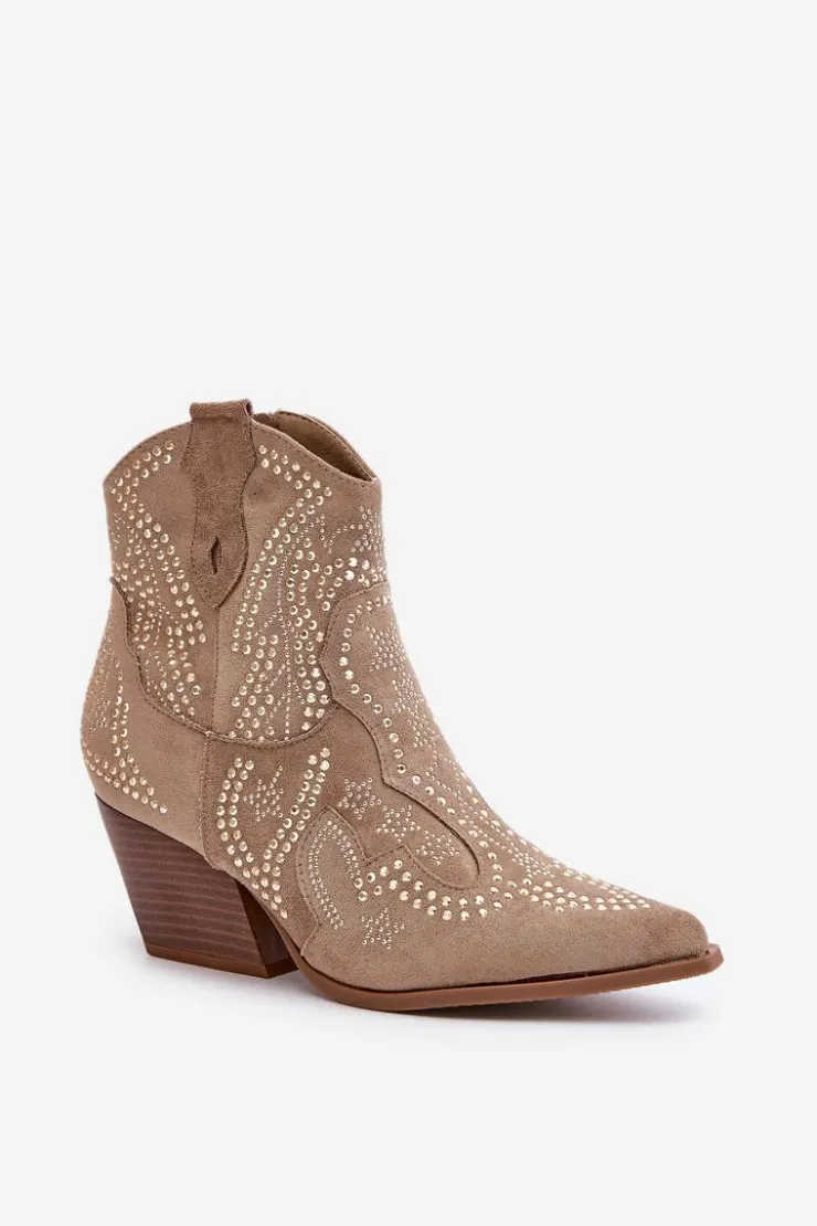 Boto Botki Na Słupku|Brązowe I Beżowe Botki*Zdobione Botki Kowbojki Na Obcasie Beżowe Kaivina