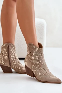 Boto Botki Na Słupku|Brązowe I Beżowe Botki*Zdobione Botki Kowbojki Na Obcasie Beżowe Kaivina