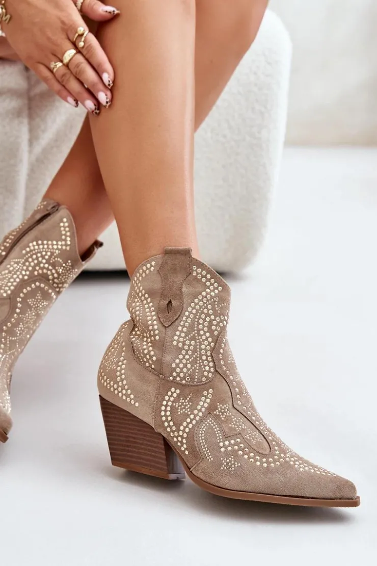Boto Botki Na Słupku|Brązowe I Beżowe Botki*Zdobione Botki Kowbojki Na Obcasie Beżowe Kaivina