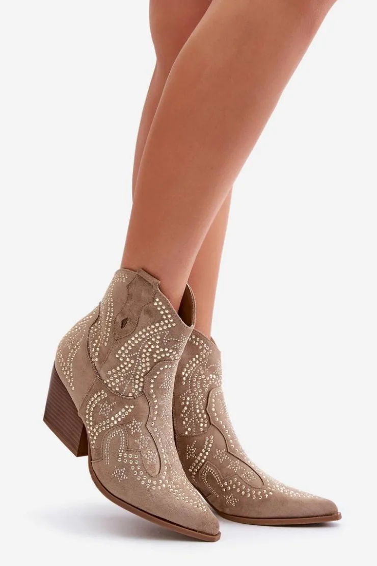 Boto Botki Na Słupku|Brązowe I Beżowe Botki*Zdobione Botki Kowbojki Na Obcasie Beżowe Kaivina