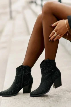 Clearance Damskie buty S.Barski Zdobione Botki Kowbojki Na Obcasie Z Noskami W Szpic S.Barski HY42-121 Czarne