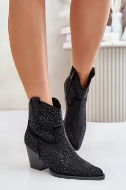 Clearance Damskie buty S.Barski Zdobione Botki Kowbojki Na Obcasie Z Noskami W Szpic S.Barski HY42-121 Czarne