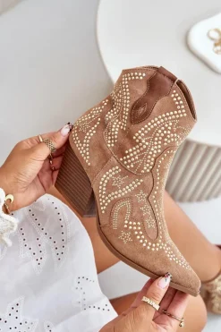 Hot Boto Zdobione Botki Kowbojki Na Obcasie Camel Kaivina