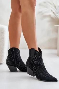 Damskie Boto Zdobione Botki Kowbojki Na Obcasie Czarne Kaivina