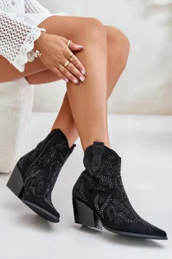 Damskie Boto Zdobione Botki Kowbojki Na Obcasie Czarne Kaivina