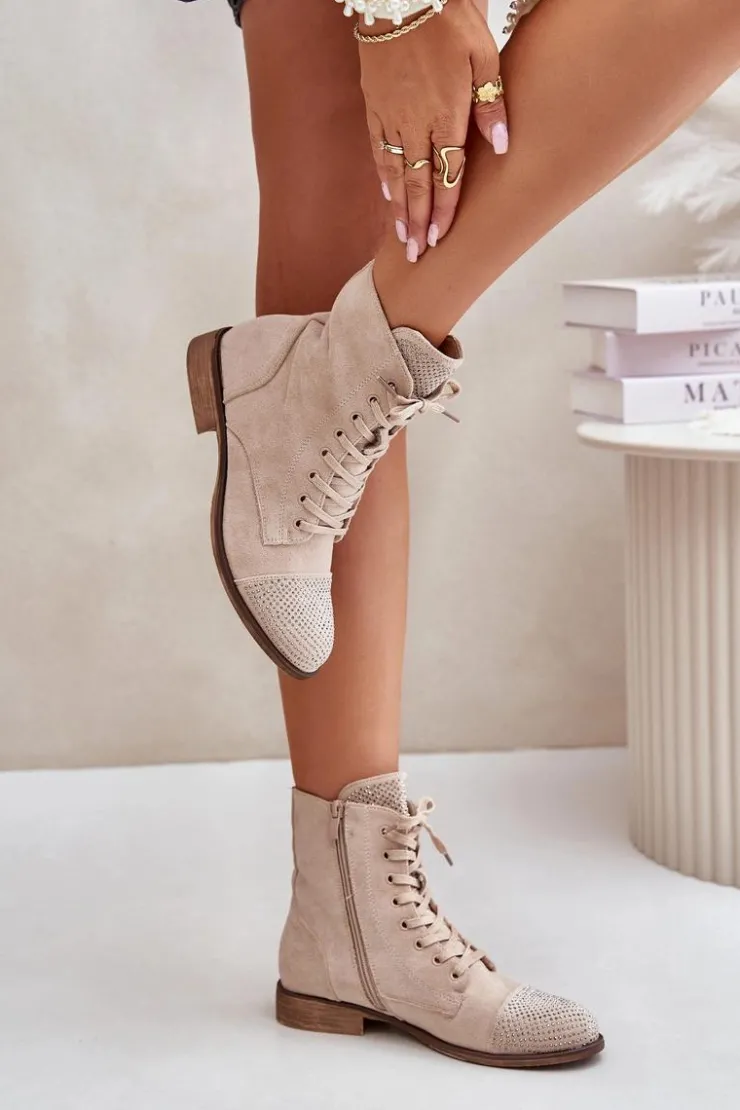 Boto Botki Ocieplane|Botki Sznurowane*Zdobione Botki Na Płaskim Obcasie Eko Zamszowe Ocieplane Jasnobeżowe Ellieo Beżowy