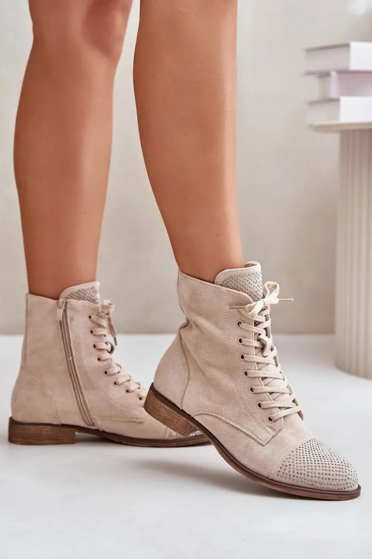 Boto Botki Ocieplane|Botki Sznurowane*Zdobione Botki Na Płaskim Obcasie Eko Zamszowe Ocieplane Jasnobeżowe Ellieo Beżowy