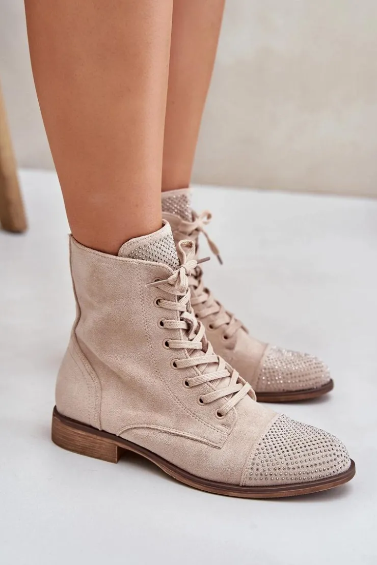 Boto Botki Ocieplane|Botki Sznurowane*Zdobione Botki Na Płaskim Obcasie Eko Zamszowe Ocieplane Jasnobeżowe Ellieo Beżowy