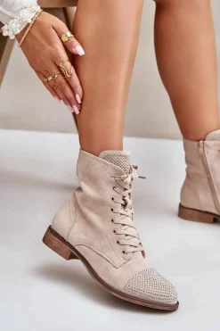 Boto Botki Ocieplane|Botki Sznurowane*Zdobione Botki Na Płaskim Obcasie Eko Zamszowe Ocieplane Jasnobeżowe Ellieo Beżowy