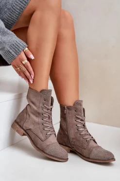 Boto Botki Ocieplane|Botki Sznurowane*Zdobione Botki Na Płaskim Obcasie Eko Zamszowe Ocieplane Brązowe Ellieo Brązowy