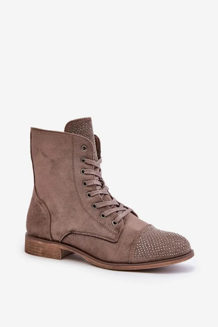 Boto Botki Ocieplane|Botki Sznurowane*Zdobione Botki Na Płaskim Obcasie Eko Zamszowe Ocieplane Brązowe Ellieo Brązowy