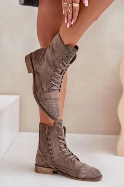 Boto Botki Ocieplane|Botki Sznurowane*Zdobione Botki Na Płaskim Obcasie Eko Zamszowe Ocieplane Brązowe Ellieo Brązowy