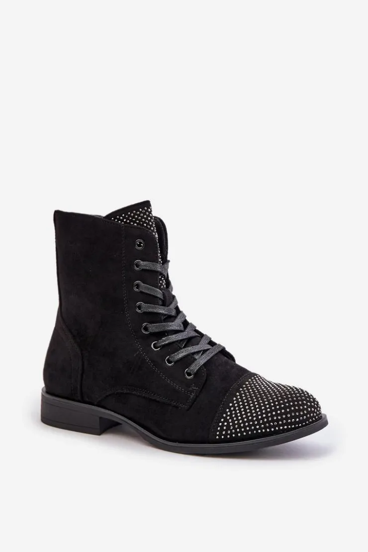 Discount Boto Zdobione Botki Na Płaskim Obcasie Eko Zamszowe Ocieplane Czarne Ellieo Czarny