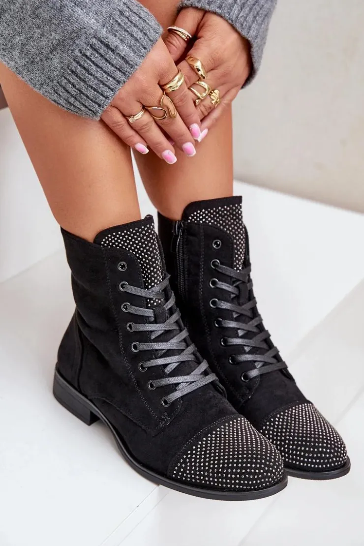 Discount Boto Zdobione Botki Na Płaskim Obcasie Eko Zamszowe Ocieplane Czarne Ellieo Czarny