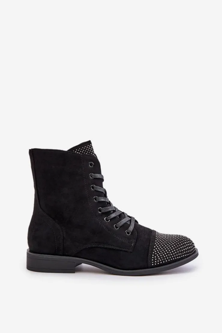 Discount Boto Zdobione Botki Na Płaskim Obcasie Eko Zamszowe Ocieplane Czarne Ellieo Czarny