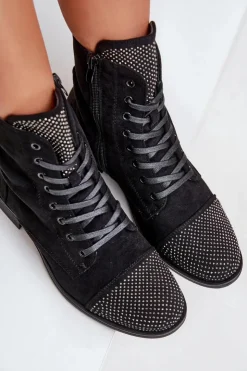 Discount Boto Zdobione Botki Na Płaskim Obcasie Eko Zamszowe Ocieplane Czarne Ellieo Czarny