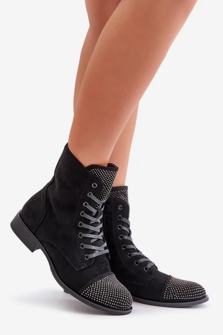 Discount Boto Zdobione Botki Na Płaskim Obcasie Eko Zamszowe Ocieplane Czarne Ellieo Czarny