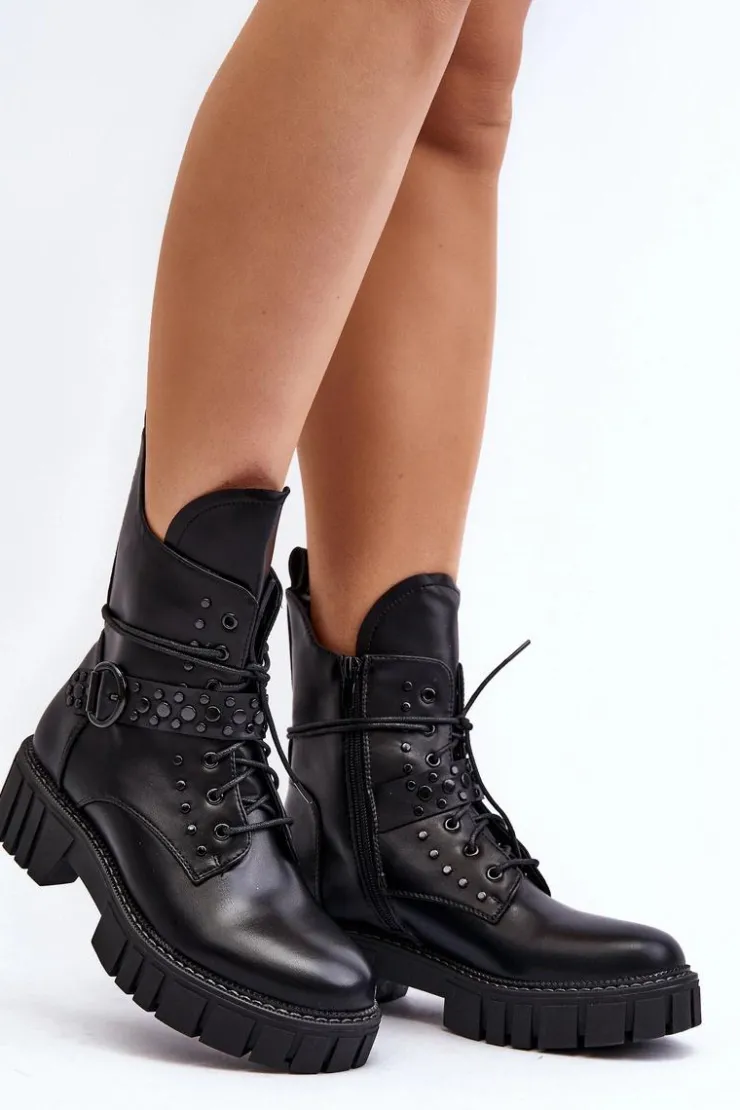 Boto Botki Sznurowane|Czarne Botki*Zdobione Botki Workery Damskie Czarne Vestara