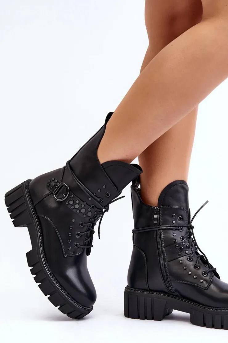 Boto Botki Sznurowane|Czarne Botki*Zdobione Botki Workery Damskie Czarne Vestara