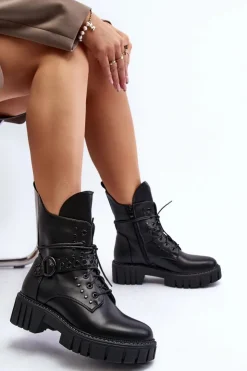 Boto Botki Sznurowane|Czarne Botki*Zdobione Botki Workery Damskie Czarne Vestara