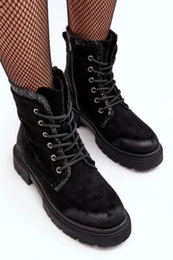 Damskie Boto Zdobione Botki Workery Damskie Na Suwak Czarne Santelia