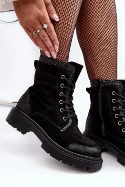 Damskie Boto Zdobione Botki Workery Damskie Na Suwak Czarne Santelia