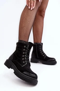 Damskie Boto Zdobione Botki Workery Damskie Na Suwak Czarne Santelia