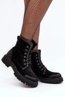 Damskie Boto Zdobione Botki Workery Damskie Na Suwak Czarne Santelia