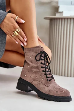 Damskie buty S.Barski Botki Ocieplane|Czarne Botki*Zdobione Botki Workery Damskie Ocieplane D&A MR880-017 Taupe Beżowy