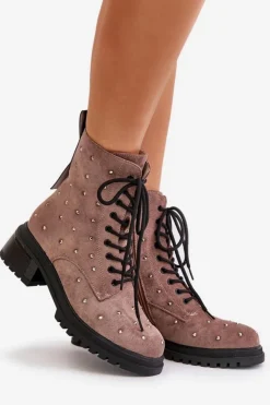 Damskie buty S.Barski Botki Ocieplane|Czarne Botki*Zdobione Botki Workery Damskie Ocieplane D&A MR880-017 Taupe Beżowy