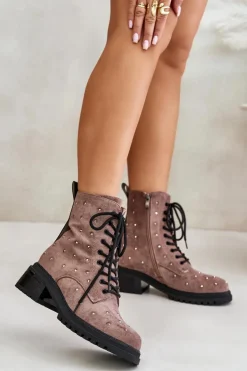 Damskie buty S.Barski Botki Ocieplane|Czarne Botki*Zdobione Botki Workery Damskie Ocieplane D&A MR880-017 Taupe Beżowy