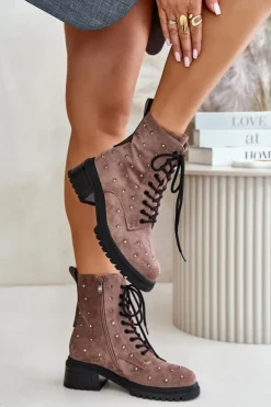 Damskie buty S.Barski Botki Ocieplane|Czarne Botki*Zdobione Botki Workery Damskie Ocieplane D&A MR880-017 Taupe Beżowy