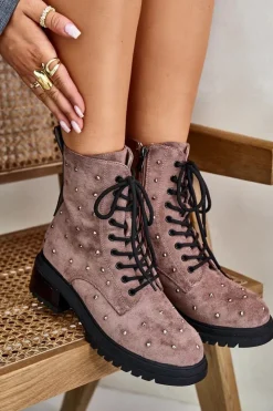 Damskie buty S.Barski Botki Ocieplane|Czarne Botki*Zdobione Botki Workery Damskie Ocieplane D&A MR880-017 Taupe Beżowy