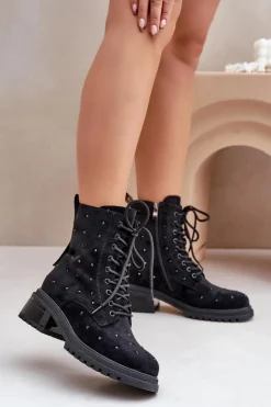 Hot Damskie buty S.Barski Zdobione Botki Workery Damskie Ocieplane D&A MR880-017 Czarne Czarny