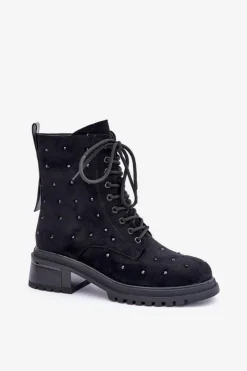 Hot Damskie buty S.Barski Zdobione Botki Workery Damskie Ocieplane D&A MR880-017 Czarne Czarny