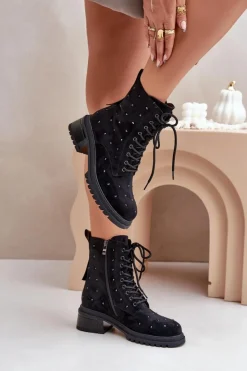 Hot Damskie buty S.Barski Zdobione Botki Workery Damskie Ocieplane D&A MR880-017 Czarne Czarny