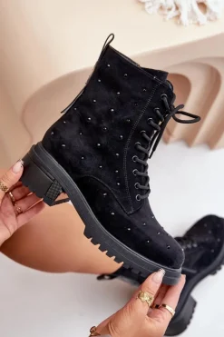 Hot Damskie buty S.Barski Zdobione Botki Workery Damskie Ocieplane D&A MR880-017 Czarne Czarny