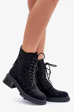 Hot Damskie buty S.Barski Zdobione Botki Workery Damskie Ocieplane D&A MR880-017 Czarne Czarny