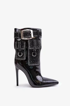 Online Boto Zdobione Botki Z Lakierowanej Eko Skóry Na Szpilce Czarne Senorith