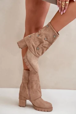 Boto Botki Ocieplane|Botki Na Słupku*Zdobione Botki Z Wywiniętą Cholewką Na Słupku Beżowe Esadora Beżowy