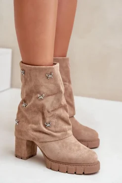 Boto Botki Ocieplane|Botki Na Słupku*Zdobione Botki Z Wywiniętą Cholewką Na Słupku Beżowe Esadora Beżowy